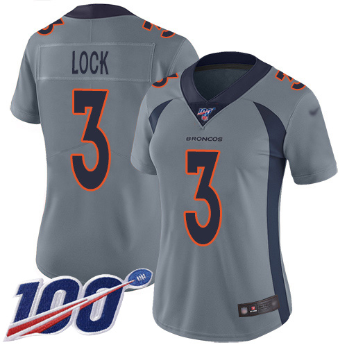 Denver Broncos Limited Women Silver Drew Lock 100th Season Jersey 3 Inverted Legend NFL Football Nike